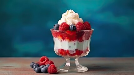 Berry raspberry mousse and whipped cream symbolizing independence day 4th July.Summer diet dessert