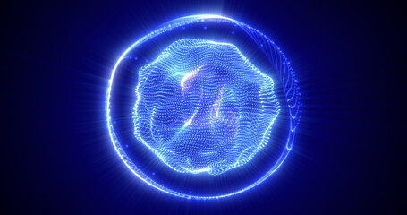 Wall Mural - Abstract blue energy sphere from particles and waves of magical glowing on a dark background