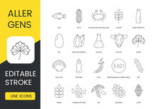 Food Allergens Line Icon Set In Vector, Editable Stroke, Nuts And Fish, Crustaceans And Mollusks, Gluten, Egg And Dairy Products, Seeds And Kernels, Sulfites And Lactose, Shellfish And Celery