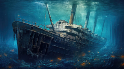 Wall Mural - Sunken shipwreck at the bottom of the sea