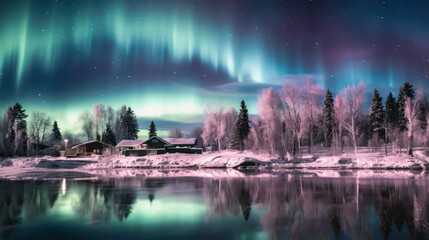 Dark winter night snow covered landscape, northern lights in the sky reflecting on the lake