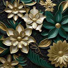 Luxury Floral Seamless With Flowers Elegant Leather Texture Illustration Background In Golden, Green, White, And Black Colors. 3d Abstraction Wallpaper For Interior Mural Wall Art Decor