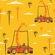 Giraffe on car funny cool summer t-shirt seamless pattern. Road trip vacation print design. Beach tropica