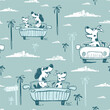 Dog on car funny cool summer t-shirt seamless pattern. Road trip vacation print design. Beach tropical travel