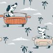 Dog on car funny cool summer t-shirt seamless pattern. Road trip vacation print design. Beach