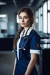 © alexkoral - portrait of an attractive young nurse girl in clinic. Generative AI