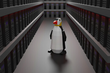 Low poly penguin in datacenter. 3d illustration.