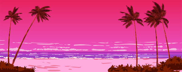 Wall Mural - Sunset banner beach ocean, palms, seashore, horizon