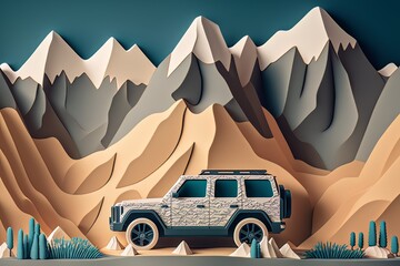 Wall Mural - cardboard style. SUV in the mountains. the concept of a trip to the mountains. generative ai.