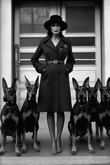 sexy stylish fashionable woman posing with doberman dogs on city street. vintage retro fashion. gene