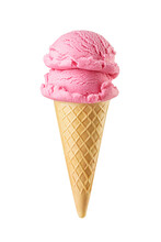 Pink Ice Cream Scoops Served On A Waffle Cone Isolated. Transparent PNG Image.