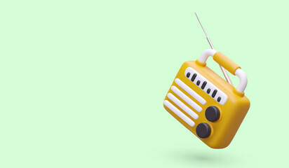 Portable radio receiver on green background. Wireless equipment for listening to music in camp. Fun leisure time with songs. Banner with place for advertising text, offer, announcement