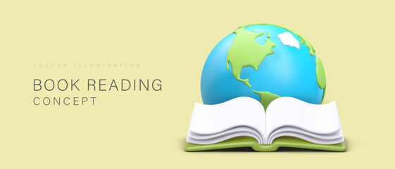 Time to read. International Book Day. Planet is placed in front of open book. Everybody is reading. Design for banner in library, advertising bookstores, educational programs