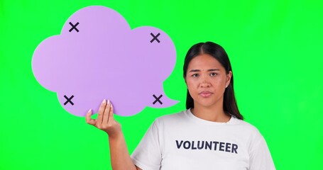 Wall Mural - Speech bubble, green screen and volunteer fail by woman face in studio with tracking markers on mockup background. Volunteering, crisis and portrait of asian lady with poster and bad feedback review