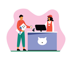 Cartoon guy pays contactless with cell phone for cat food at pet store. Fast and secure digital bank transactions. Modern banking services. Vector illustration