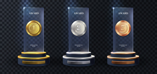 realistic award. winning medal. glass 3d mockup. acrylic design of first place prize. silver or gold