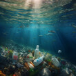 Plastic garbage at the bottom of the sea. Image generated by AI.