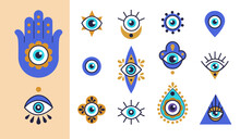 Turkish Eye. Hamsa, Blue Greek Pattern On Hand, Greece Print Or Glass Amulet, Nazar Tree Symbol, Art Bead. Luck And Protection Sign, Mystical Talisman. Vector Tidy Illustration Isolated Icons