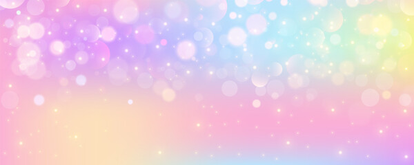Wall Mural - rainbow unicorn background. pastel pink color sky with stars. holographic fantasy print with bokeh. 