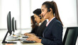 © Art_Photo - Group of happy call center smiling business operator customer help support team phone services agen working and talking with headset on desktop computer at call center office