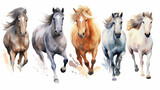 Fototapeta Zwierzęta - Collection of running horses on a white background watercolor drawing. Generative AI