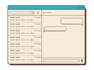 Aesthetic design for messenger app with vintage nostalgic UI. Bubble speech with place for text, voice and media sharing. Retro computer interface. Vector flat illustration.
