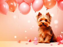 Cute Yorkshire Dog Sitting With Pink Balloons - Ai Generative