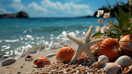 Poster - Two starfish and shells on an empty beach, in the style of exotic fantasy landscapes