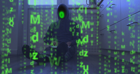 Matrix video effect, binary code instead of face of hooded programmer sitting on floor with laptop. Abstract, screen-filling green symbols. Concept of cyber security, end of system hacking, internet
