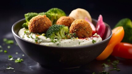 Wall Mural - Fried falafel balls with vegetables and hummus in bowl on dark background. Healthy food concept. AI generated