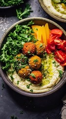 Wall Mural - Fried falafel balls with vegetables and hummus in bowl on dark background. Top view. AI generated