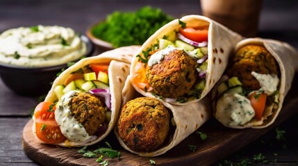 Wall Mural - Falafel wraps with greens, vegetables and sause, wooden board. AI generated