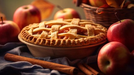 Wall Mural - freshly baked apple pie on autumn background. top view. copy paste space. ai generated