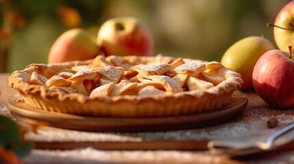 Wall Mural -  Freshly baked Apple pie on sunny autumn background. Top view. Copy paste space. AI generated