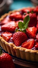 Wall Mural - Close up of Strawberries tart on wooden background. Top view. AI generated