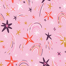 Cute Hand-drawn Seamless Pattern With Stars And Rainbows On Pink Background. Vector Repeated Design For Kids Fabric. 