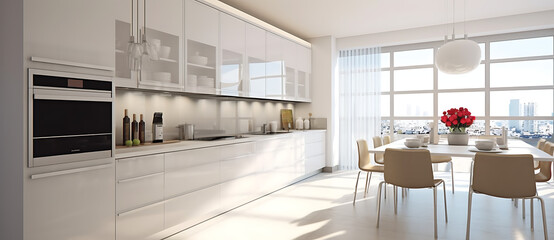 Wall Mural - modern kitchen with a table and chairs white cabinets and cabinets Generated by AI