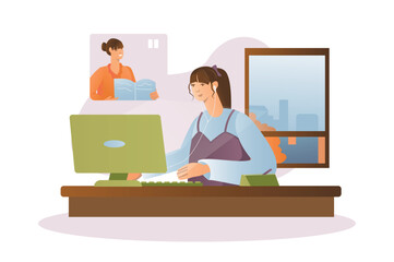 Distance learning concept with people scene in the flat cartoon design. The girl listens to the teacher's explanation at the online lesson. Vector illustration.