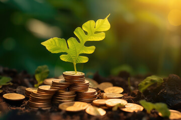 Poster - Wealth Business Concept. New Tree Growing in a Stacks of Coins extreme closeup. Generative AI