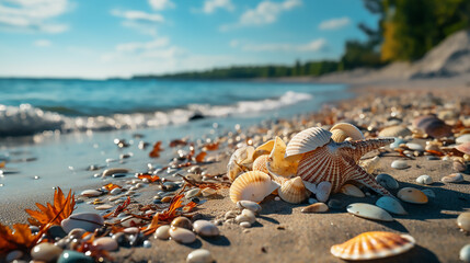 Canvas Print - Two starfish and shells on an empty beach, in the style of exotic fantasy landscapes