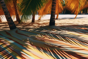 Poster - An abstract photograph of palm tree shadows cast on a sandy beach, capturing the interplay between light and dark and creating a sense of tranquility.  Generative AI technology.