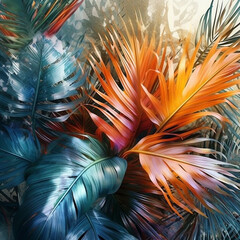 Poster -  A mixed media artwork of abstract palm branches combined with botanical illustrations or pressed flowers, celebrating the beauty of nature in a unique way.  Generative AI technology.