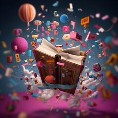 Poster - A conceptual image of a book floating in mid-air, surrounded by floating educational icons and symbols, symbolizing the power of knowledge to elevate and inspire.  Generative AI technology.