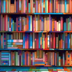 Poster -  An abstract painting of a bookshelf with books depicted as colorful, abstract shapes, showcasing the diversity and richness of educational resources.  Generative AI technology.