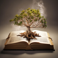 Poster -  A conceptual image of a book morphing into a tree with roots spreading out, representing how knowledge and education nourish and sustain personal growth.  Generative AI technology.