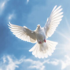 Fototapete -  A digital artwork depicting a dove flying against a backdrop of a clear blue sky, representing peace, harmony, and hope for a better future.  Generative AI technology.