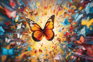 Leinwandbilder -  A mixed-media artwork combining uplifting symbols, such as butterflies or birds, with vibrant colors and textured elements, representing the transformative power of hope.  Generative AI technology.