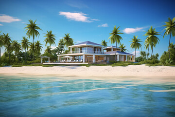 Aufkleber -  A photograph of a luxurious private island getaway, with pristine white-sand beaches, turquoise waters, and upscale beachfront villas. Generative AI technology.