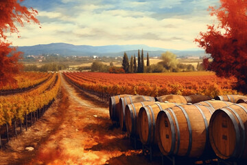 Aufkleber - An impressionistic painting of a vineyard with wine barrels in the background, capturing the atmospheric beauty and tranquility of wine country.  Generative AI technology.