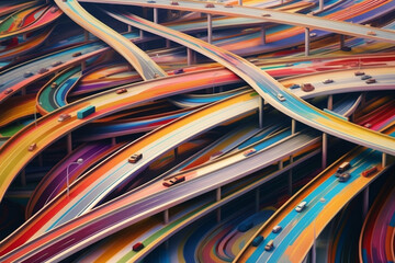An abstract painting inspired by the lines and curves of a road, exploring the interplay of colors, shapes, and textures to create a visually captivating piece.  Generative AI technology.